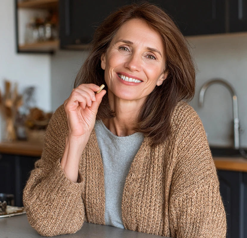 Smiling woman holding a capsule.
