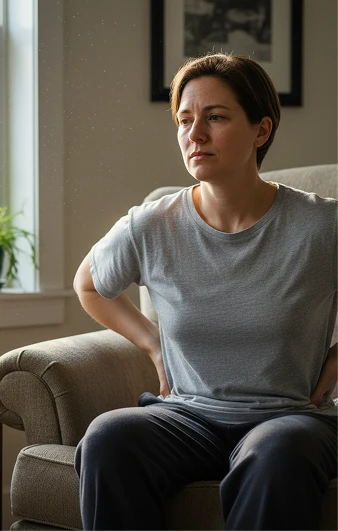 Woman seated on a sofa with her hands at her lower back.